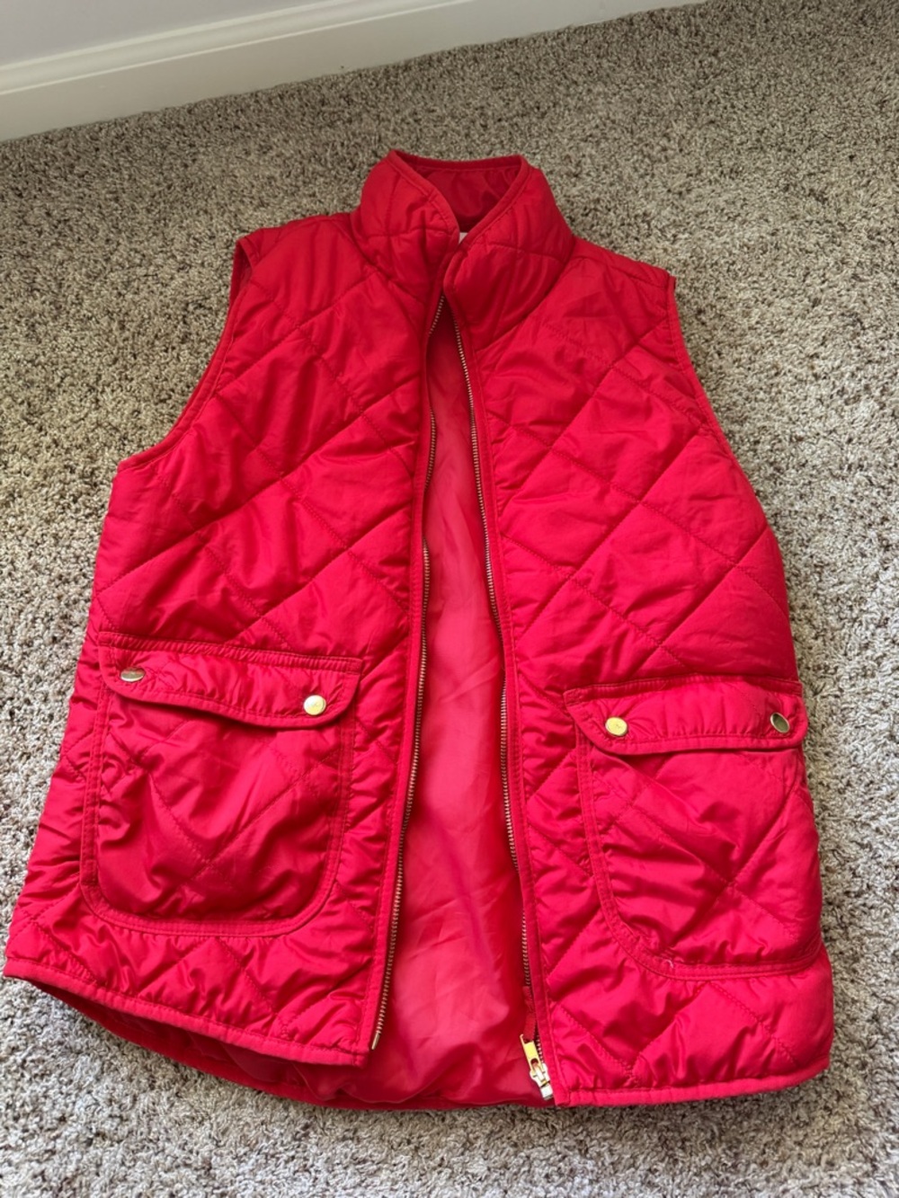 Quilted Red Puffer Vest with gold detail